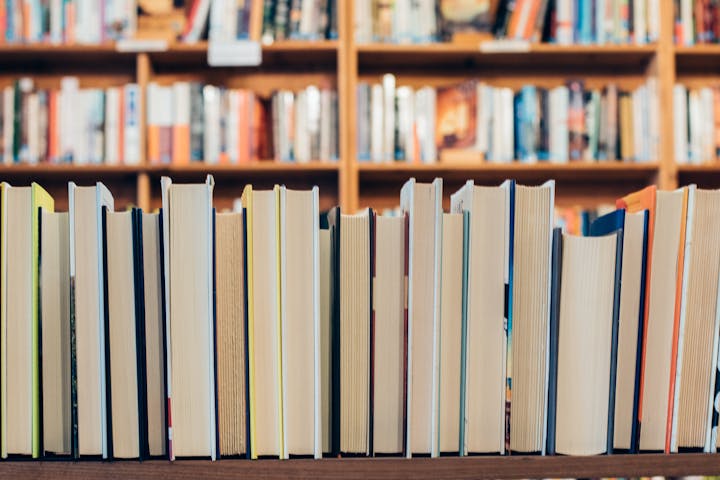 A row of assorted books lined up on a shelf with a blurred bookcase background.