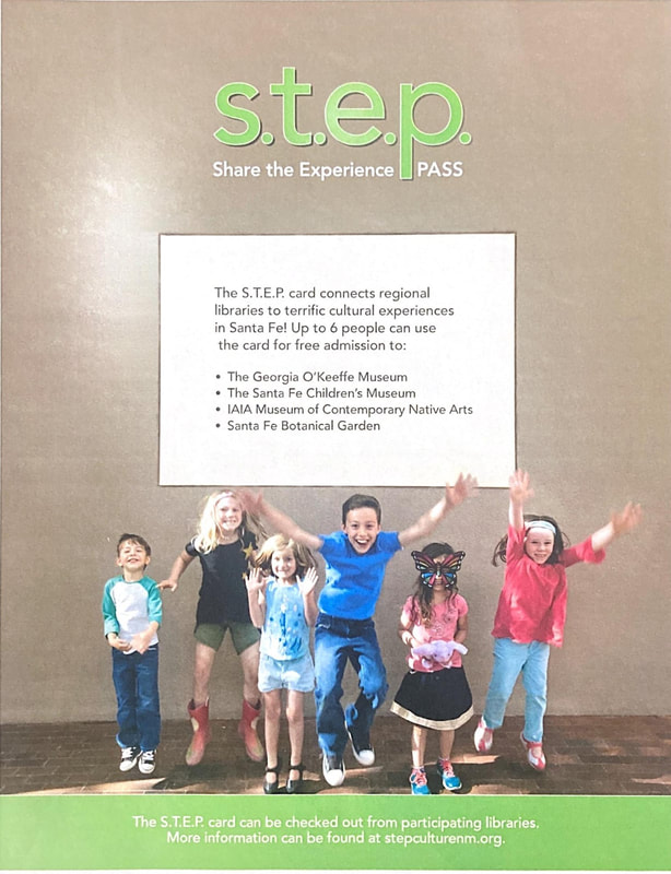 A poster with excited children and information about a regional library S.T.E.P. pass for cultural experiences in Santa Fe.