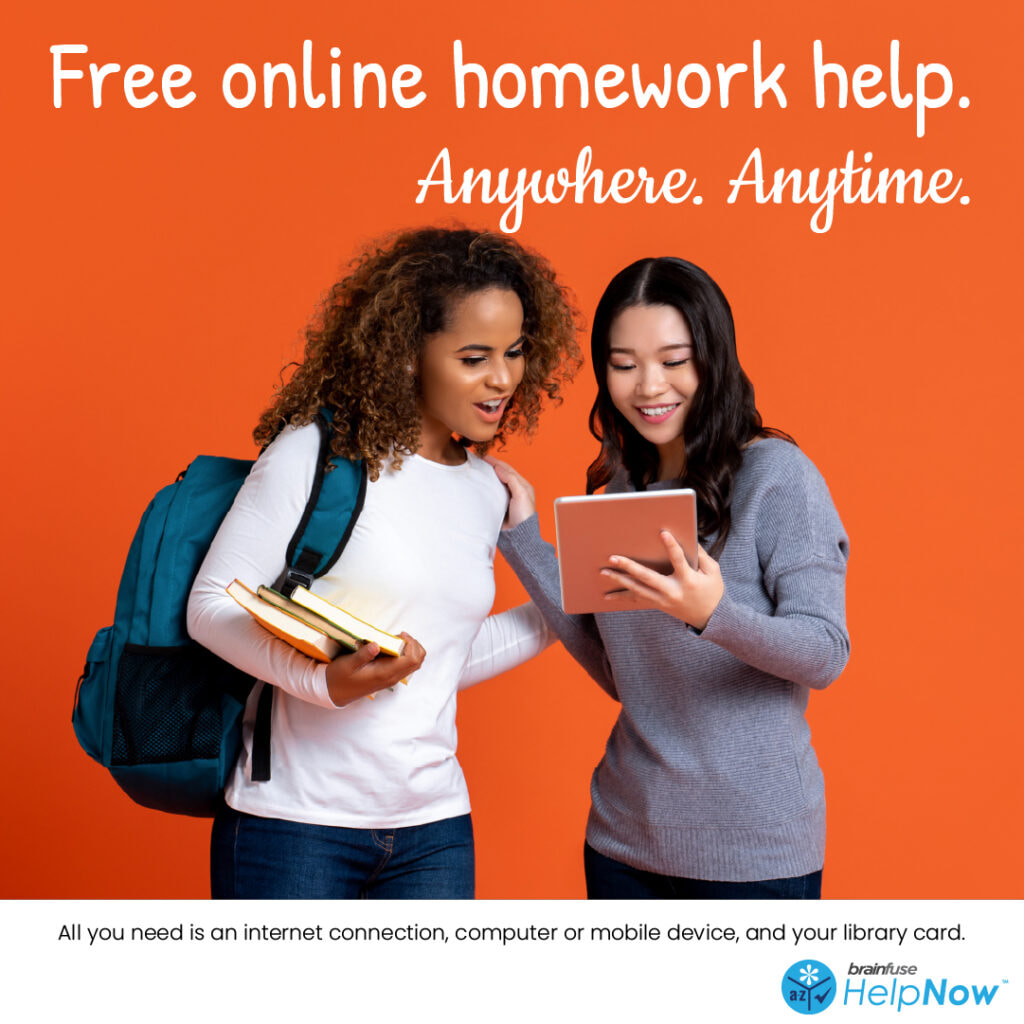 Two women looking at a tablet with text "Free online homework help. Anywhere. Anytime." on an orange background.