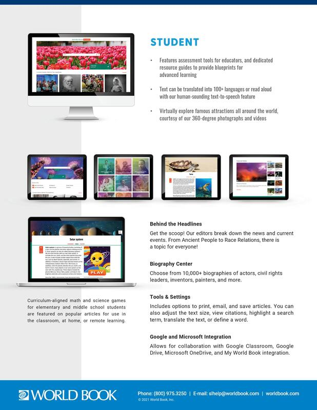 An advertisement for educational tools including assessment resources, language translation, and virtual tours for students.