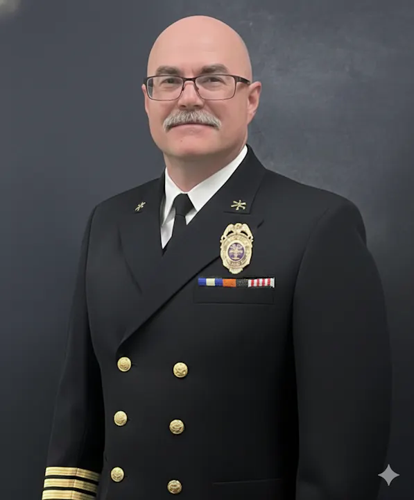 The image shows a man in a military-style uniform with medals and insignia against a dark background.