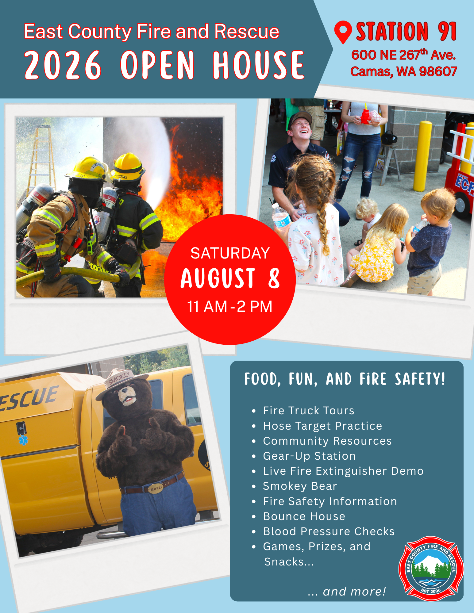 Join East County Fire and Rescue for their 2026 Open House on August 8, 11 AM - 2 PM at Station 91 in Camas. Fun, food, and safety!