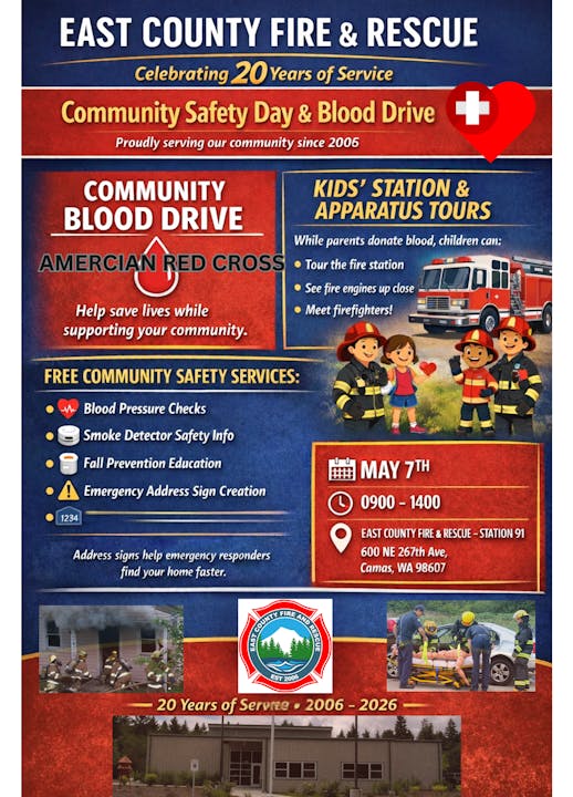 The image promotes a Community Safety Day and Blood Drive by East County Fire & Rescue on May 7th, offering activities and services.