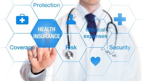 Doctor touching hexagons with "Health Insurance," "Protection," "Coverage," "Risk," "Security," "Medical expenses" in a graphic interface.