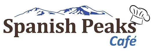 Logo of "Spanish Peaks Café" with mountain illustration and chef's hat.