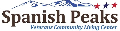 Logo for "Spanish Peaks Veterans Community Living Center" with mountains and stars design.