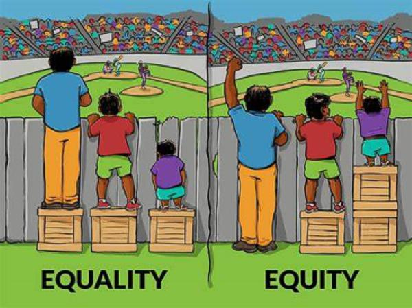 Two panels compare equality and equity using boxes to adjust viewers' heights over a fence at a baseball game.