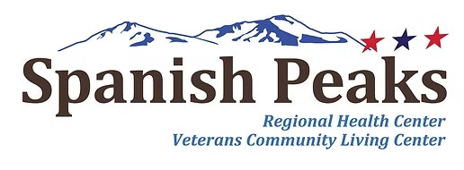 Logo of Spanish Peaks Regional Health Center and Veterans Community Living Center with mountains and star designs.