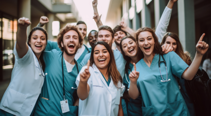 A group of smiling healthcare professionals in scrubs cheering outdoors, showing enthusiasm and camaraderie.
