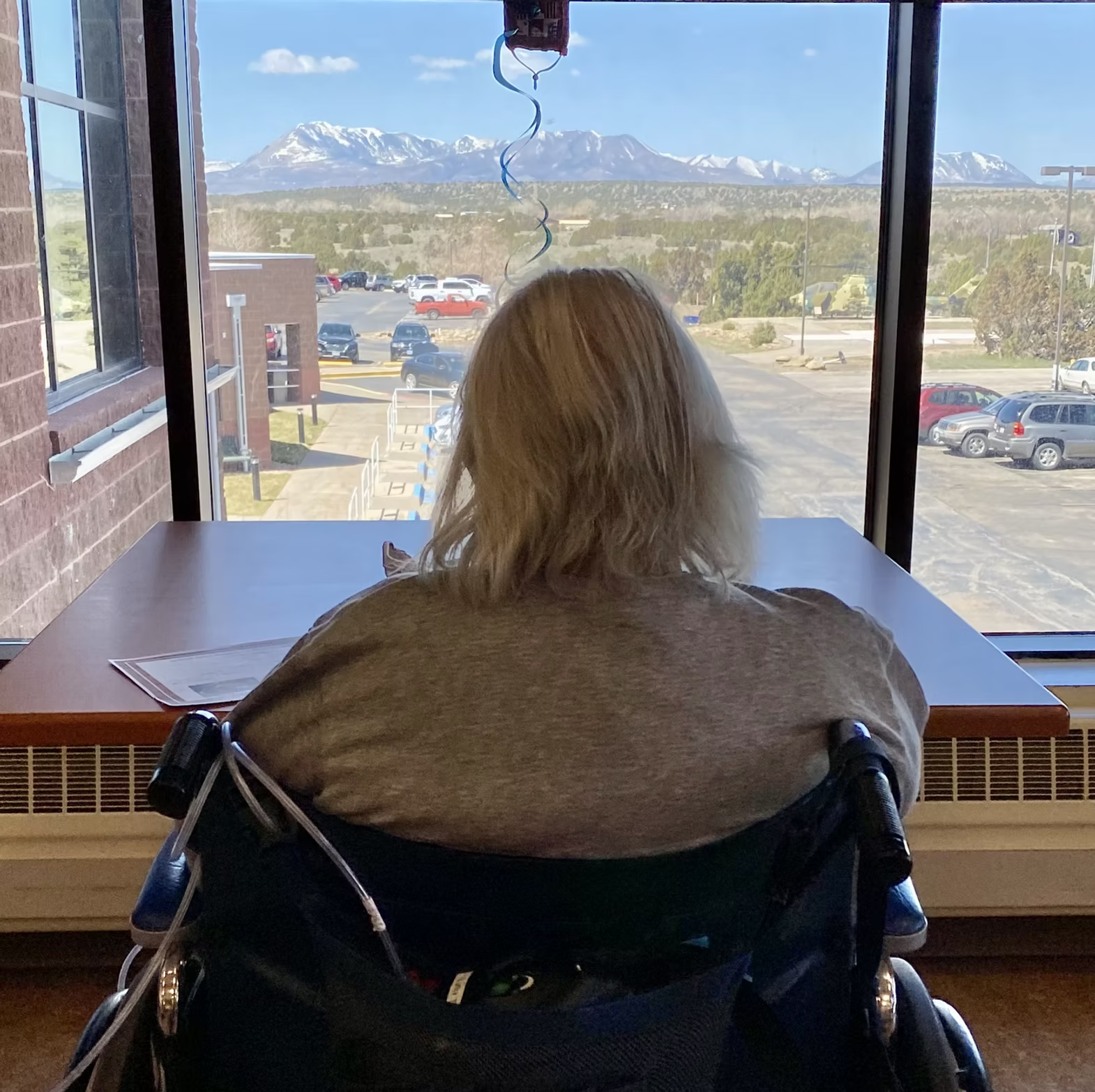 Person in a wheelchair facing a window with a mountain view, balloons, and cars in the parking lot below.