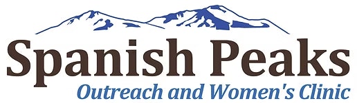 Logo with mountain graphic and text: "Spanish Peaks Outreach and Women's Clinic."