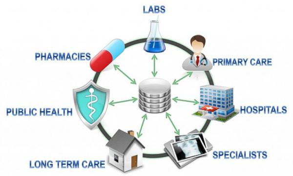 Healthcare system diagram with icons: labs, primary care, hospitals, specialists, long-term care, public health, pharmacies.