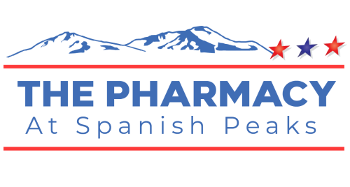 Logo for "The Pharmacy at Spanish Peaks" with mountains and three stars.
