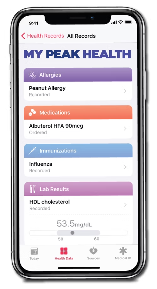 Smartphone displaying health records: peanut allergy, Albuterol medication, influenza immunization, and HDL cholesterol lab result.