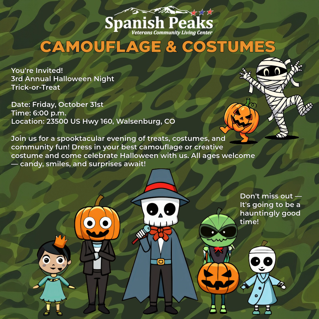 Halloween event invite with costumes and camouflage theme, October 31st, 6:00 p.m., 23500 US Hwy 160, Walsenburg, CO.