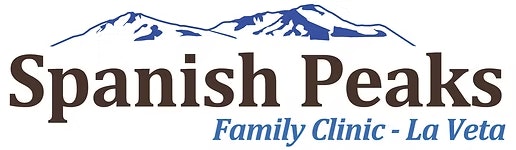 Logo of "Spanish Peaks Family Clinic - La Veta" with stylized mountains above the text.