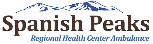 Logo of Spanish Peaks Regional Health Center Ambulance with mountain graphic.