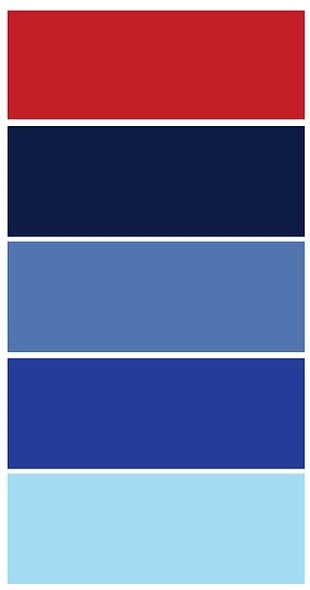 Five vertical rectangles in different shades: red, dark blue, medium blue, royal blue, and light blue.