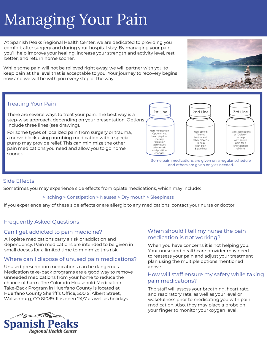 Pamphlet on pain management detailing options, side effects, FAQs, and disposal of pain medications, from Spanish Peaks Regional Health Center.