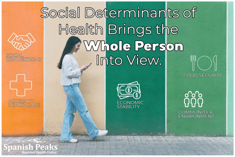 Woman walking, phone in hand, against colorful wall; text highlights social determinants of health: connections, healthcare, stability, etc.