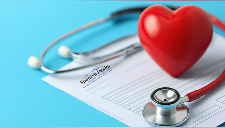 Stethoscope, heart-shaped object, and paper with "Spanish Peaks" text on a blue background.