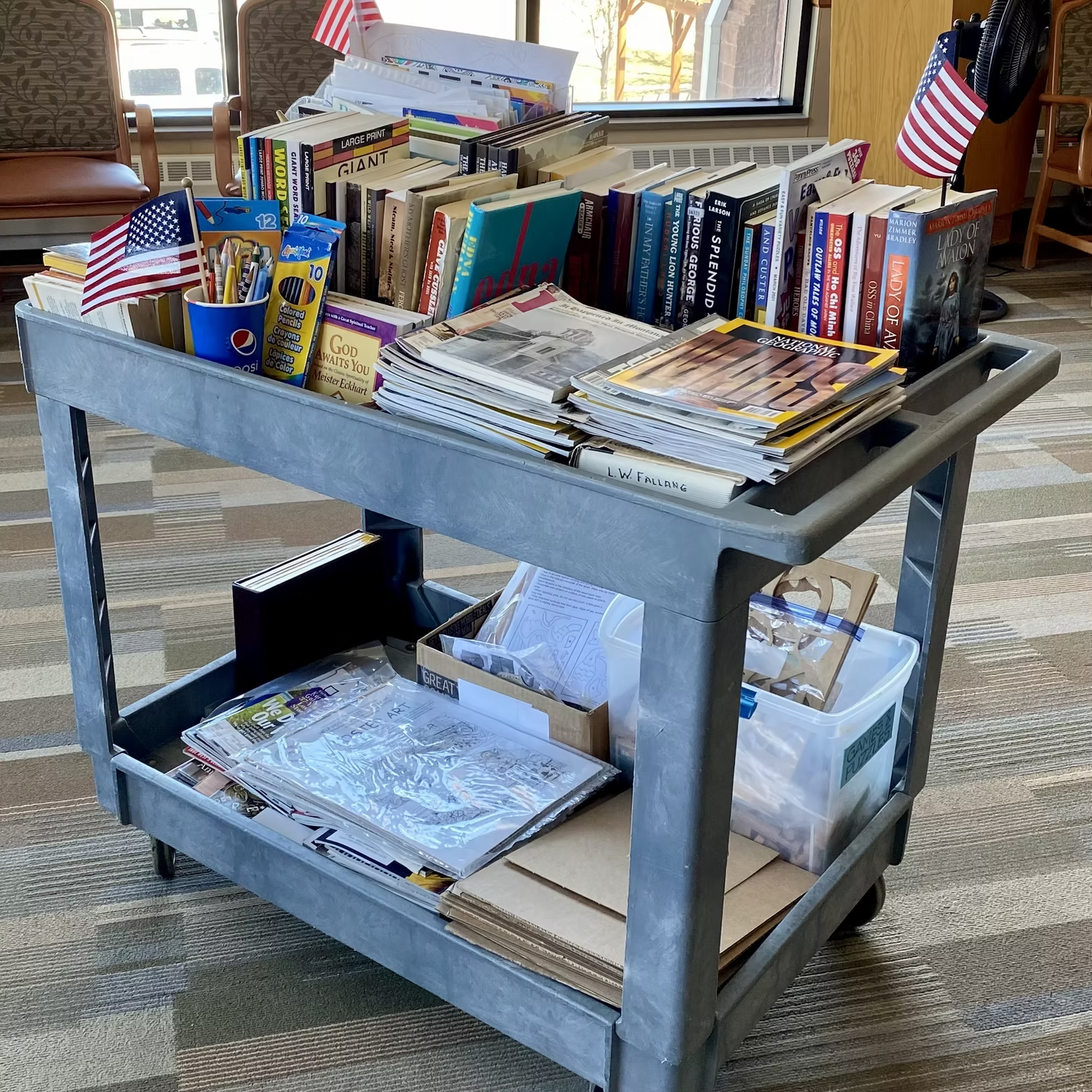 A cart with books, magazines, papers, pencils in a cup, and small American flags.