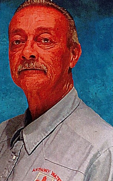 A portrait-style painting of a man with a mustache wearing a light blue shirt, set against a blue background.