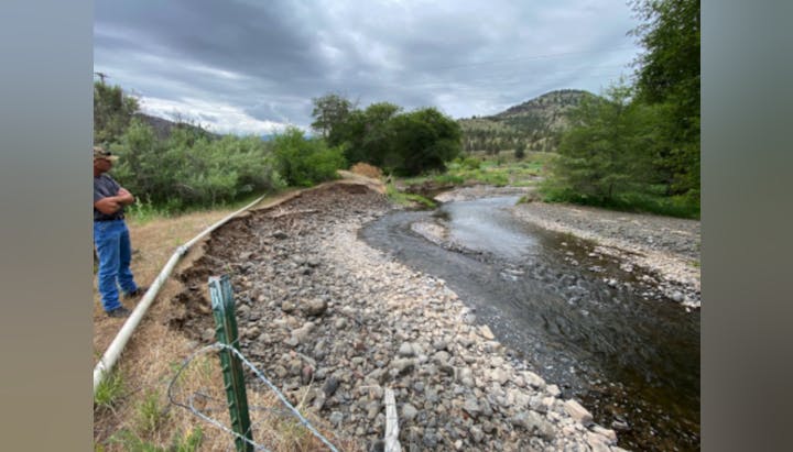 A man stands near a winding stream surrounded by rocky banks, green trees, and a hillside under a cloudy sky.