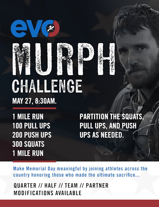 This is a poster for the "Murph Challenge" event on May 27, featuring a workout routine to honor fallen soldiers.