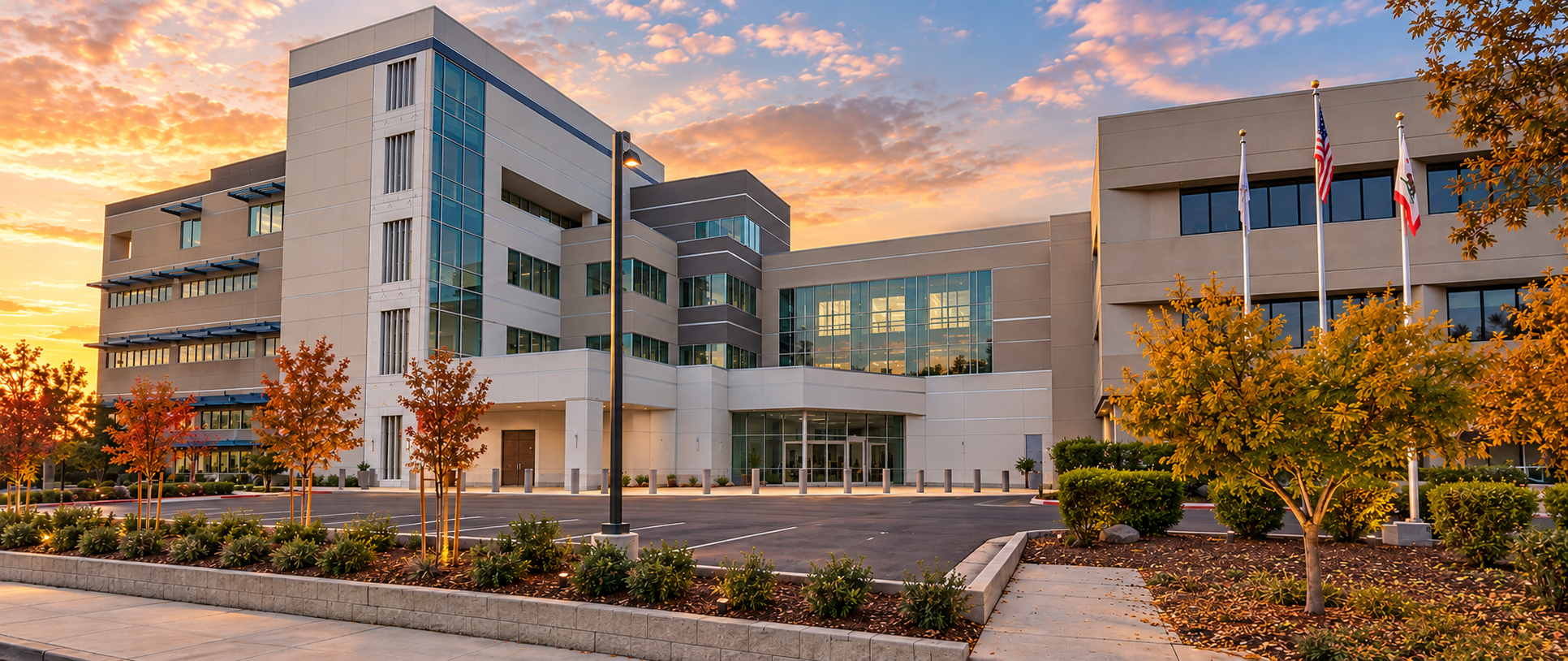 A modern building with large windows, surrounded by landscaped trees and a parking lot, all under a colorful sunset sky.