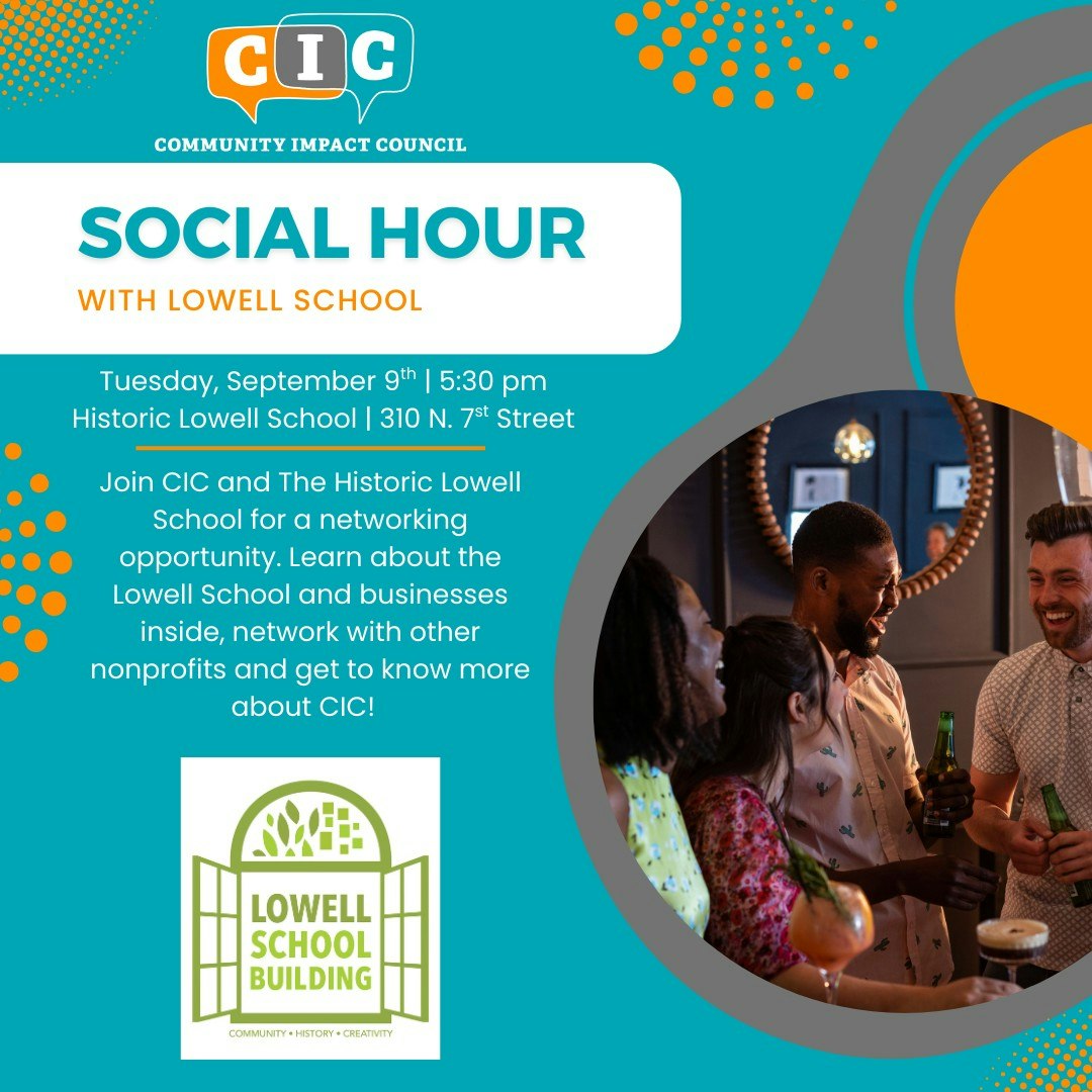 Social Hour event flyer for networking at Lowell School on Tuesday, September 9th, with CIC.