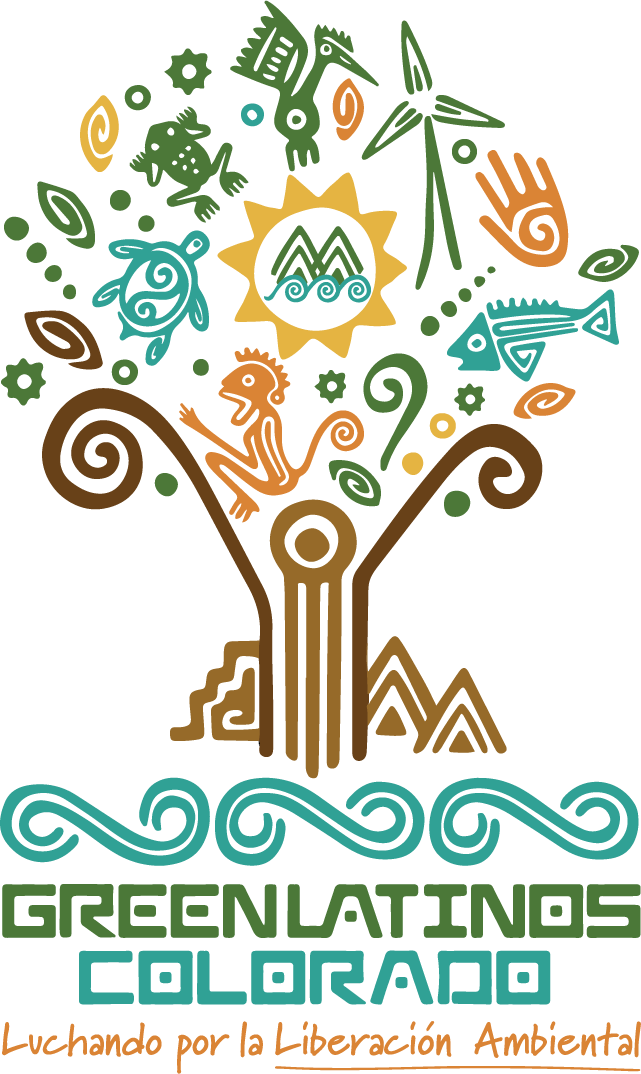 The image features a colorful logo for GreenLatinos Colorado, promoting environmental justice with nature symbols.