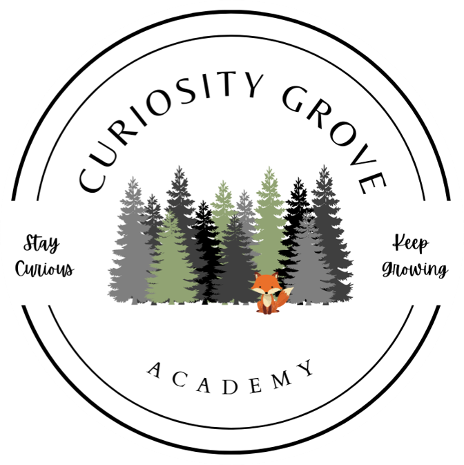A logo with trees, a fox, and the text "Curiosity Grove Academy," "Stay Curious," and "Keep Growing."