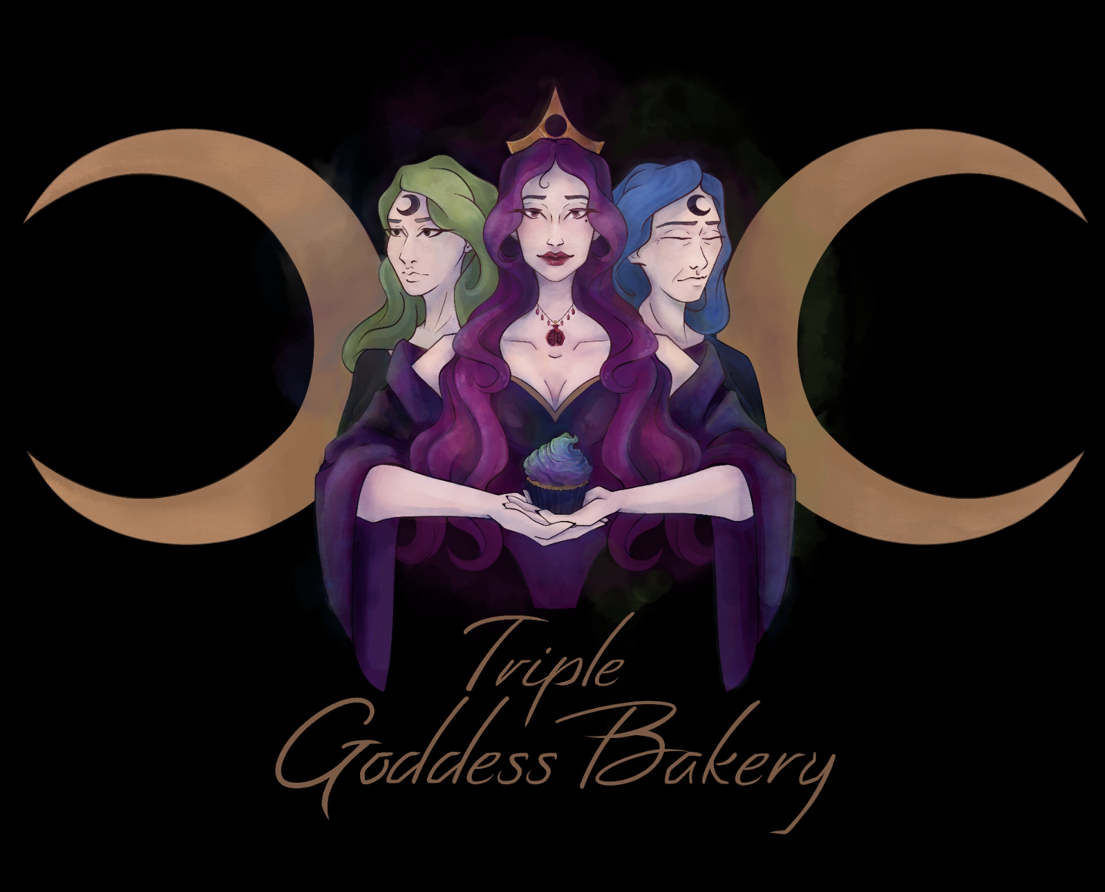 An artistic logo featuring three goddess-like figures holding a cupcake, with crescent moons, titled "Triple Goddess Bakery."