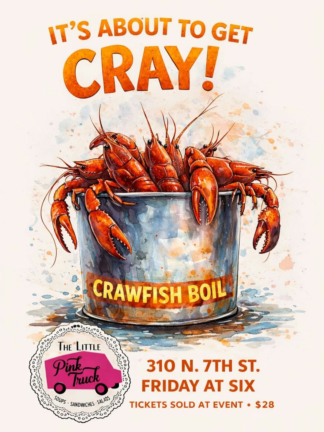 A fun advertisement for a crawfish boil event at The Little Pink Truck, happening Friday at 6 PM for $28.