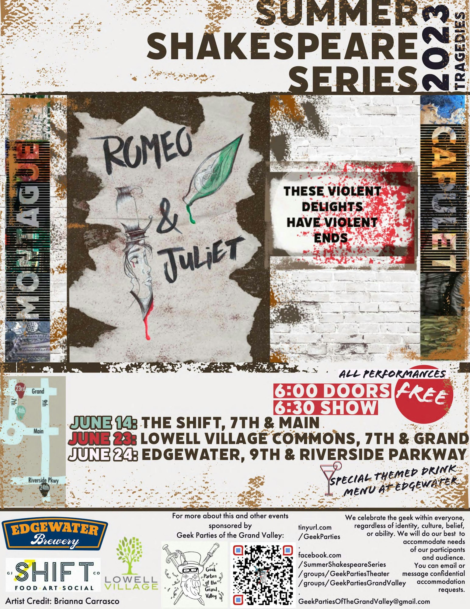 The image promotes a Summer Shakespeare Series featuring "Romeo & Juliet" with performances on June 14, 23, and 24 at various locations.