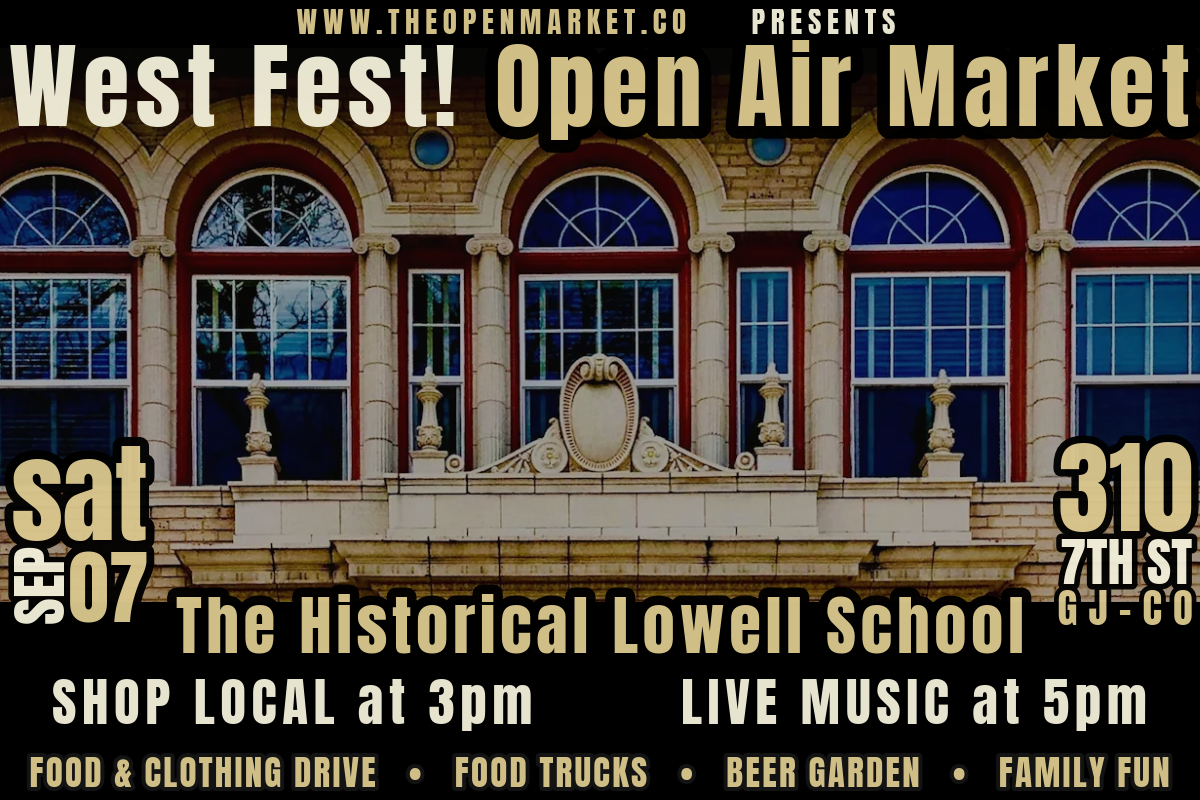 Event poster for "West Fest! Open Air Market" on Sep 07 at the Historic Lowell School with local shopping, live music, food trucks, and family fun.