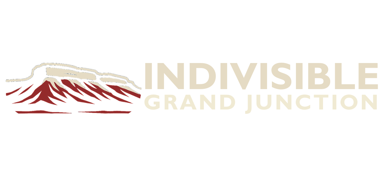 Logo for "Indivisible Grand Junction" with stylized red and white mountain graphics.