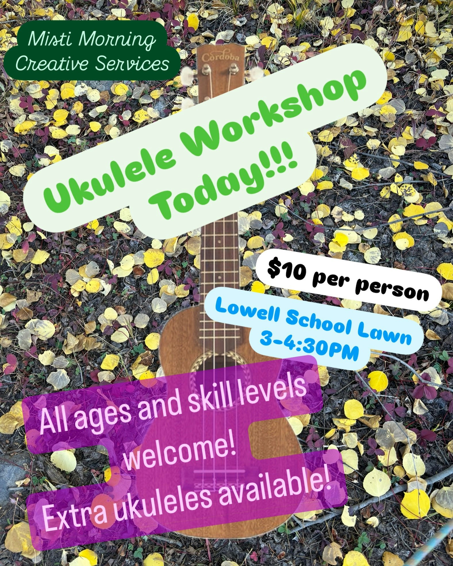 A flyer for a Ukulele Workshop with details on timing, location, and cost, set against a background of a ukulele and fallen leaves.