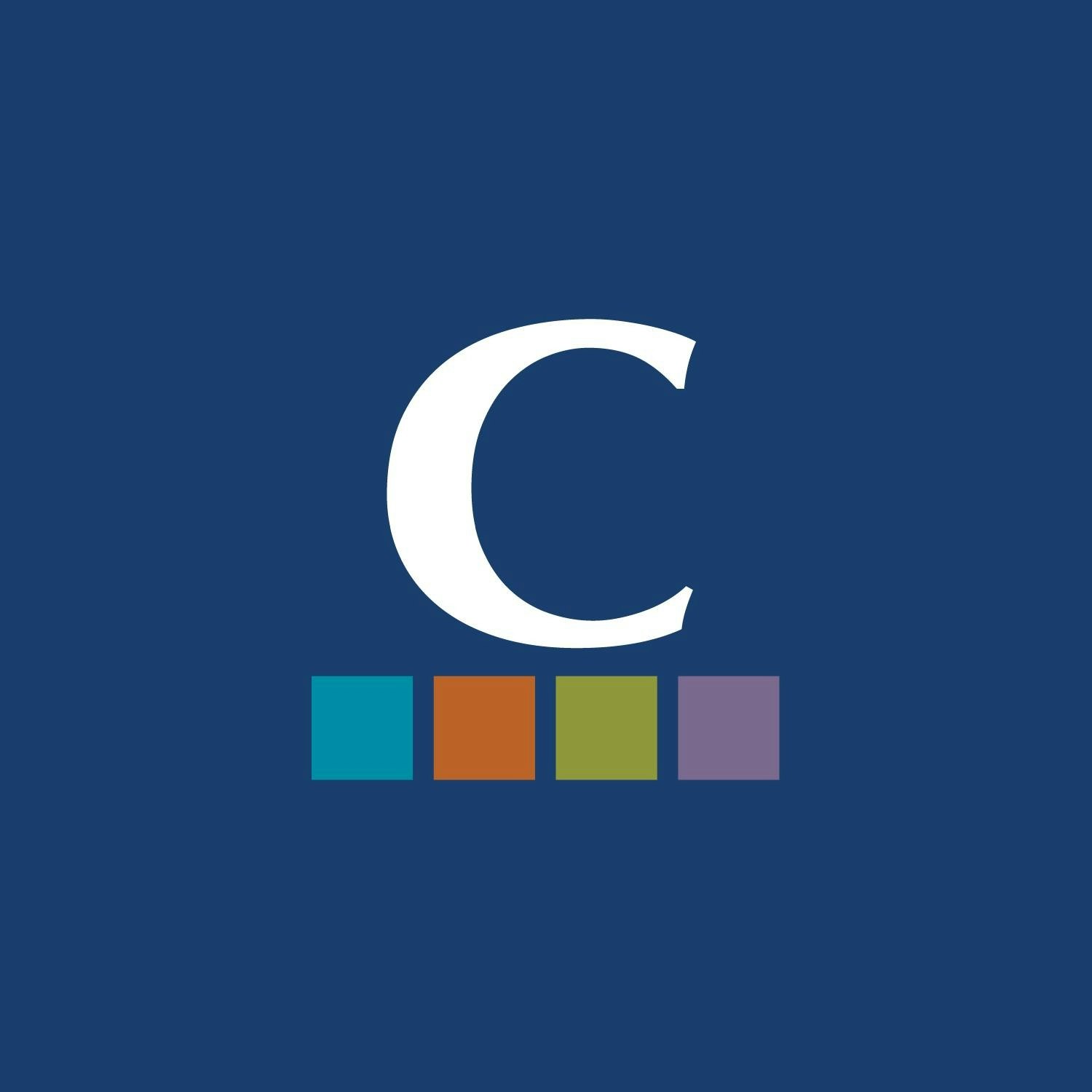 The image features a stylized letter "C" on a dark blue background with colored squares below it.