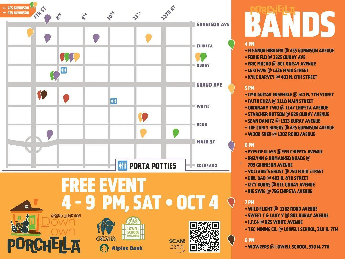 Map of Porchella event in Grand Junction with band venues and times on Oct 4, 4-9 PM, includes porta potties locations.