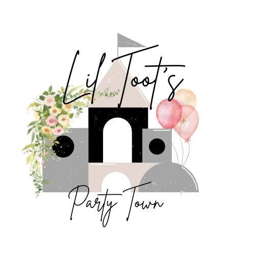 Lil' Toot's Party Town logo with flowers, balloons, and stylized building elements.