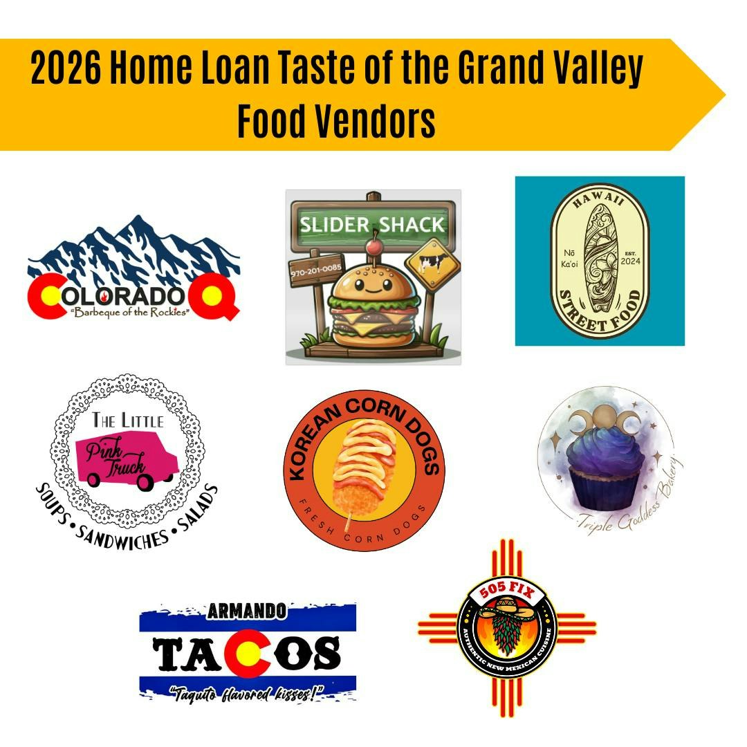 Logos of food vendors for the 2026 Home Loan Taste of the Grand Valley, featuring diverse cuisines like barbecue, tacos, and desserts.