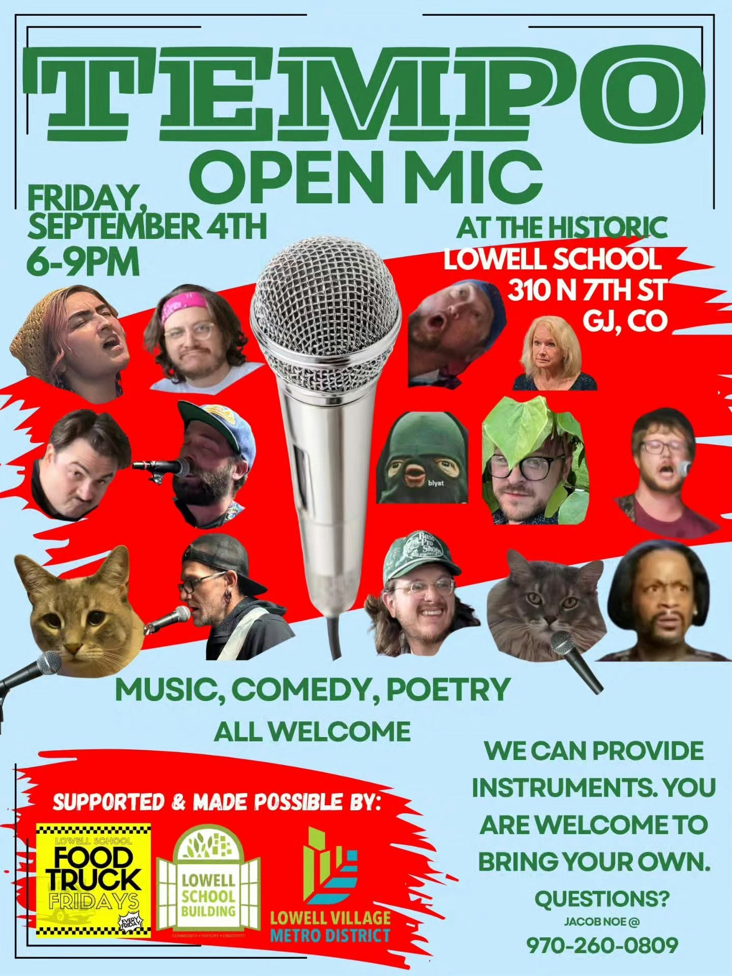 Open mic event "TEMPO" on September 4th, 6-9 PM at Lowell School, GJ, CO. All acts welcome. Instruments provided!