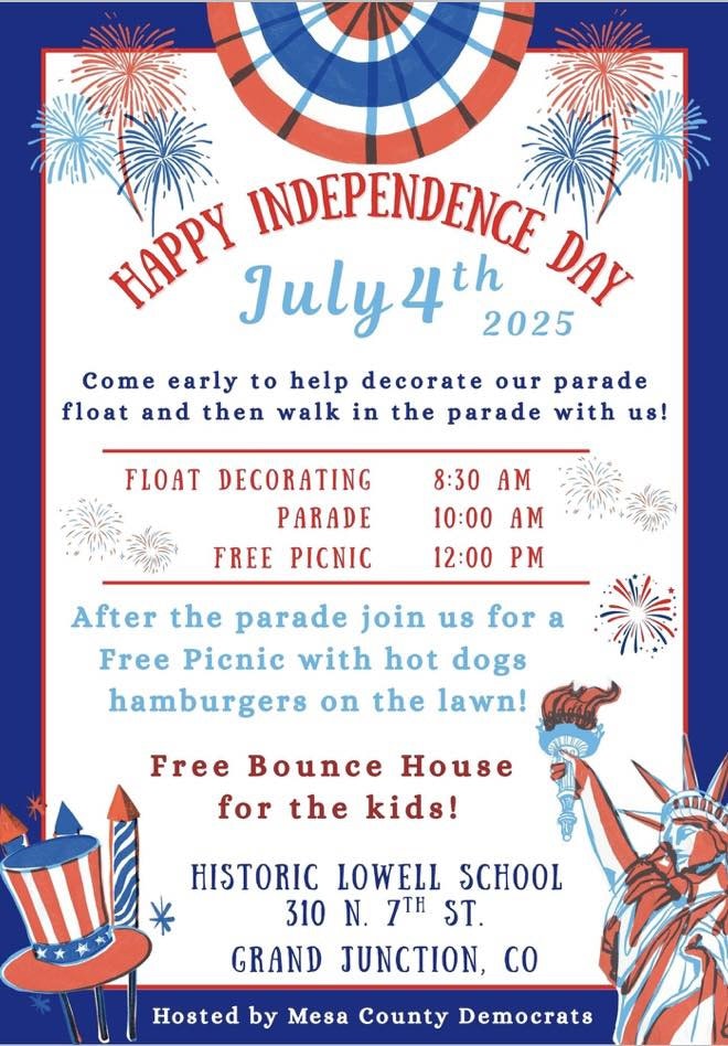 Independence Day event on July 4, 2025, in Grand Junction, CO with parade, picnic, and bounce house. Hosted by Mesa County Democrats.