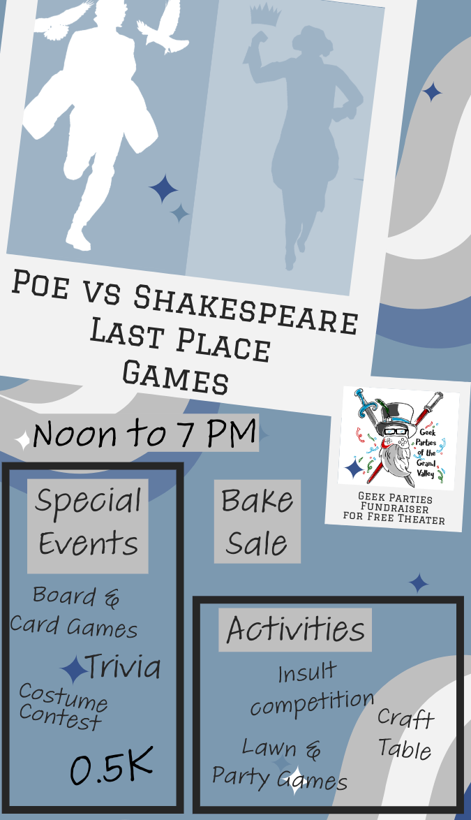 Poe vs Shakespeare event with games, trivia, bake sale, crafts, and more from noon to 7 PM.