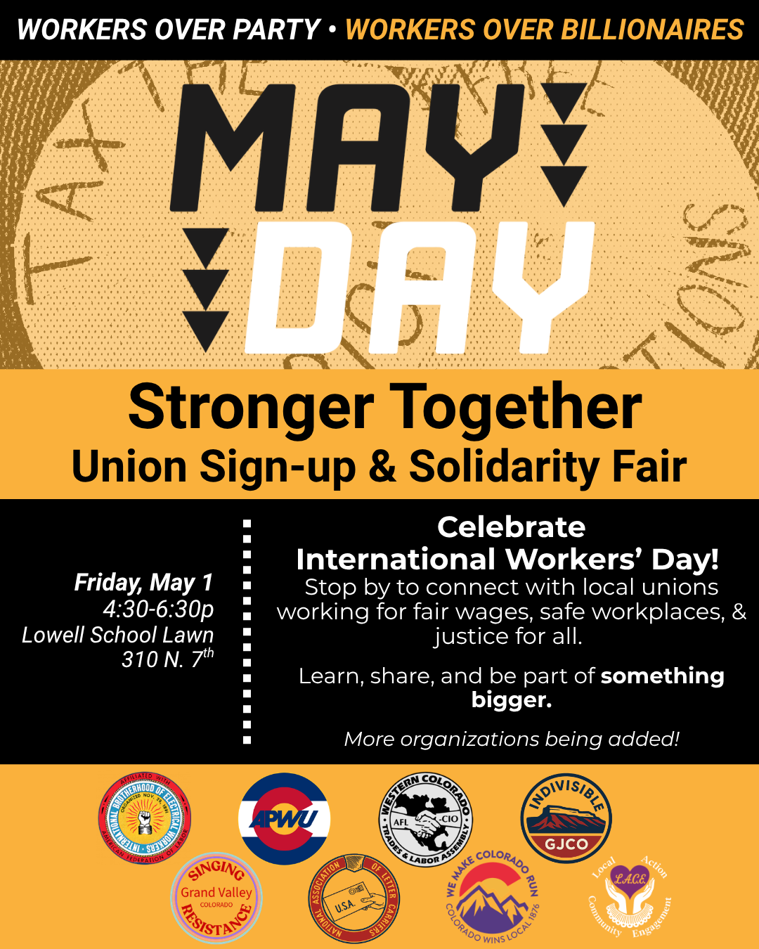 May Day event on May 1, 4:30-6:30 PM, Lowell School Lawn. Join for union sign-up and solidarity with local workers' organizations.