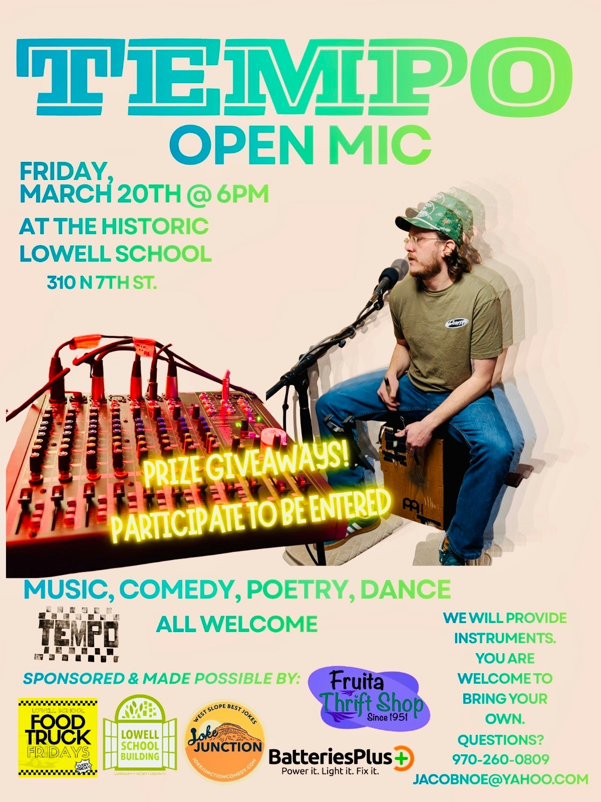 Open mic event on March 20 at Lowell School. All welcome for music, comedy, poetry, and dance. Prize giveaways!