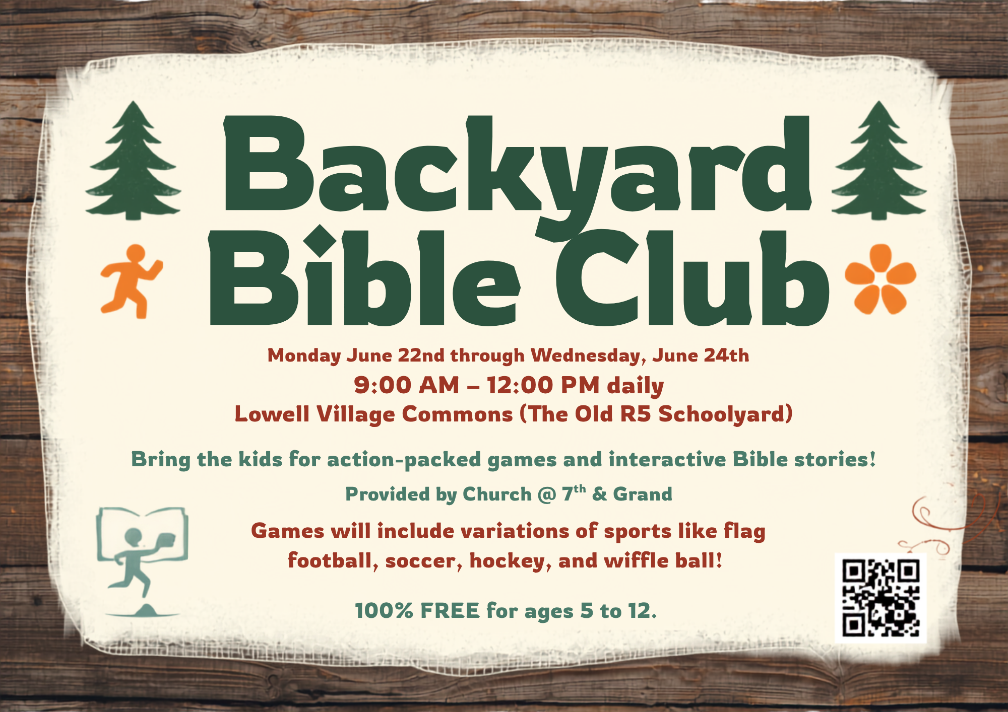 Backyard Bible Club for kids ages 5-12 from June 22-24, 9 AM-12 PM at Lowell Village Commons. Free games and stories!