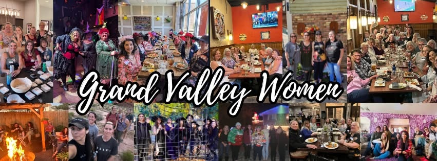 Collage of women gathering at various events, captioned “Grand Valley Women.”
